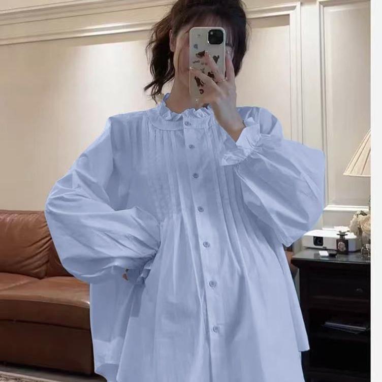 法式小衫大码女装春秋衬衫宽松娃娃衫遮肚子衬衣棉长袖白色上衣