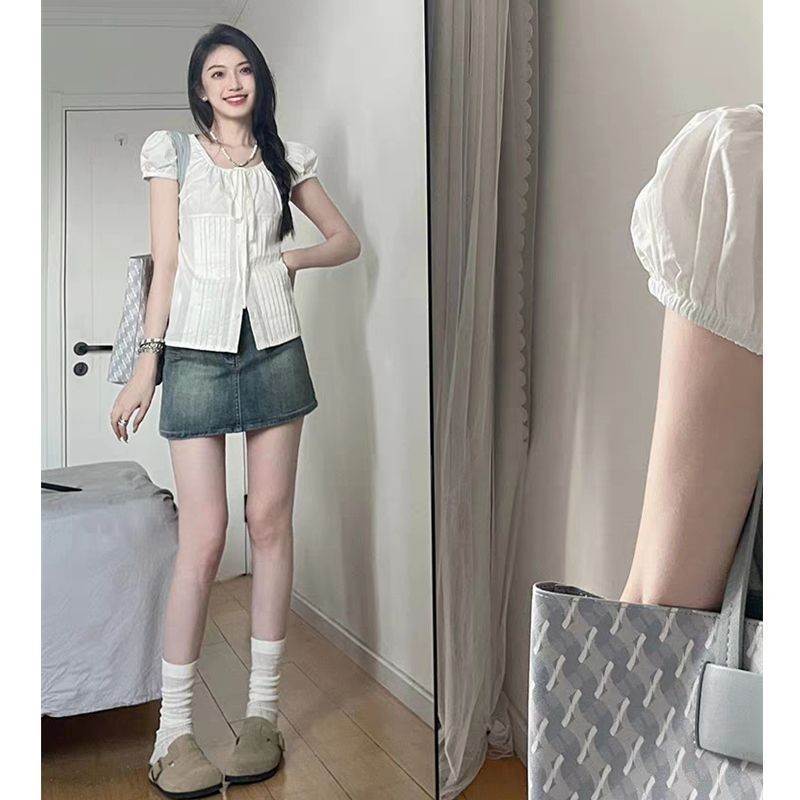 韩版复古甜美系带白色短袖衬衫女夏季小个子棉衬衣泡泡袖上衣