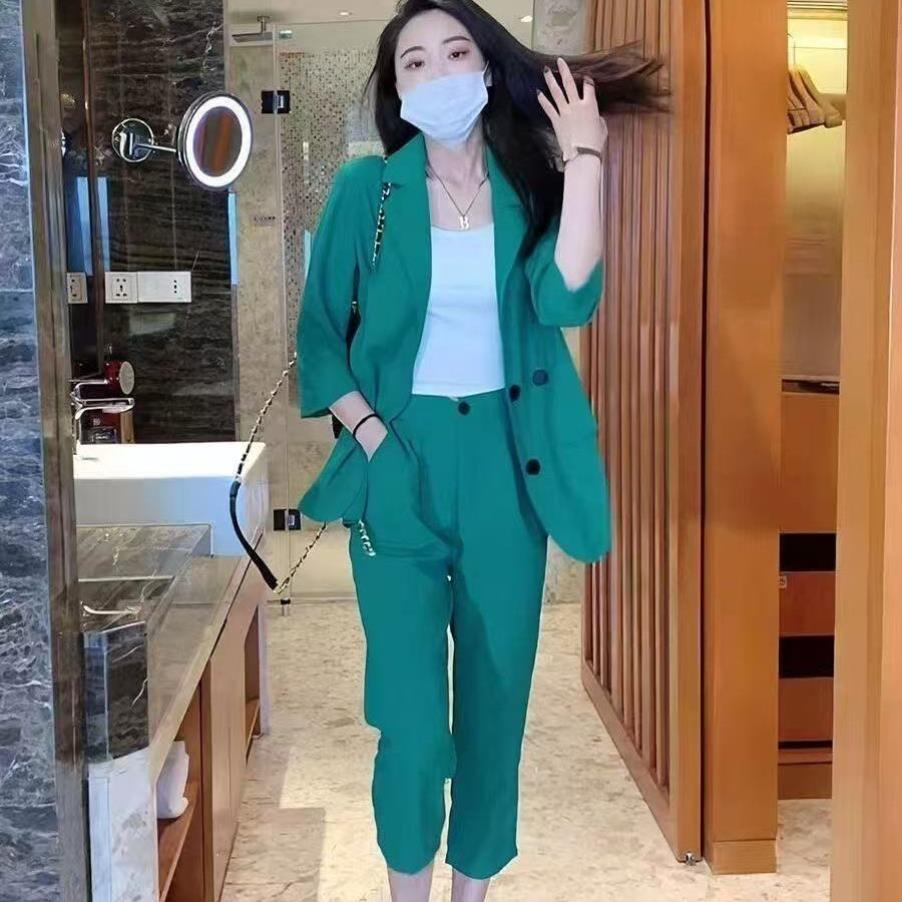 大码胖mm女秋西装套装气质职业装西裤洋气休闲小西服两件套200斤