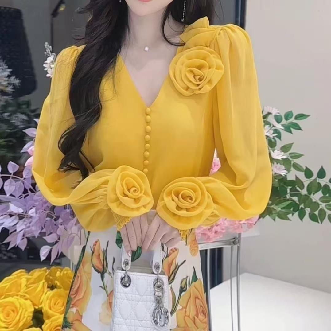 法式高级感超仙V领花朵百搭长袖衬衫女春季新款宽松显瘦洋气上衣