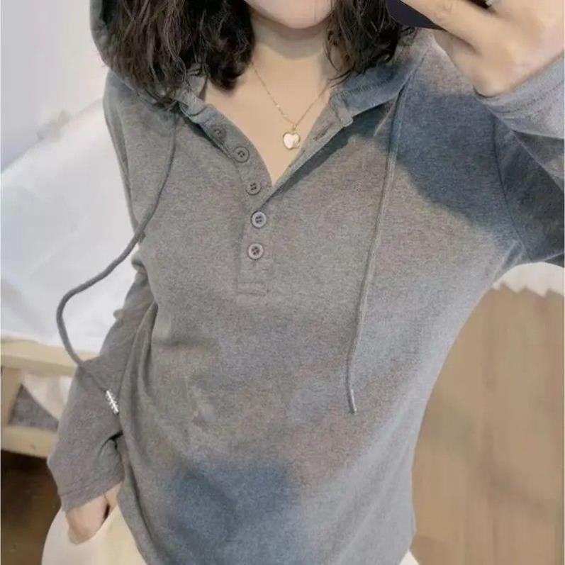 40支精梳棉连帽长袖纯色上衣女修身显瘦遮肉韩版百搭气质新款卫衣