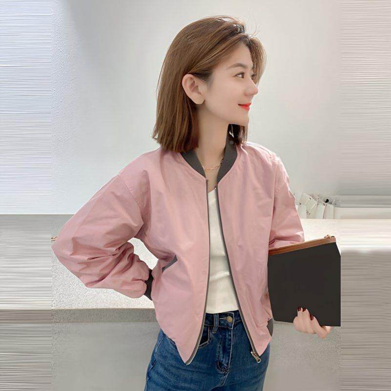 两面穿粉红深灰棒球服 短款春秋外套女 新款休闲百搭