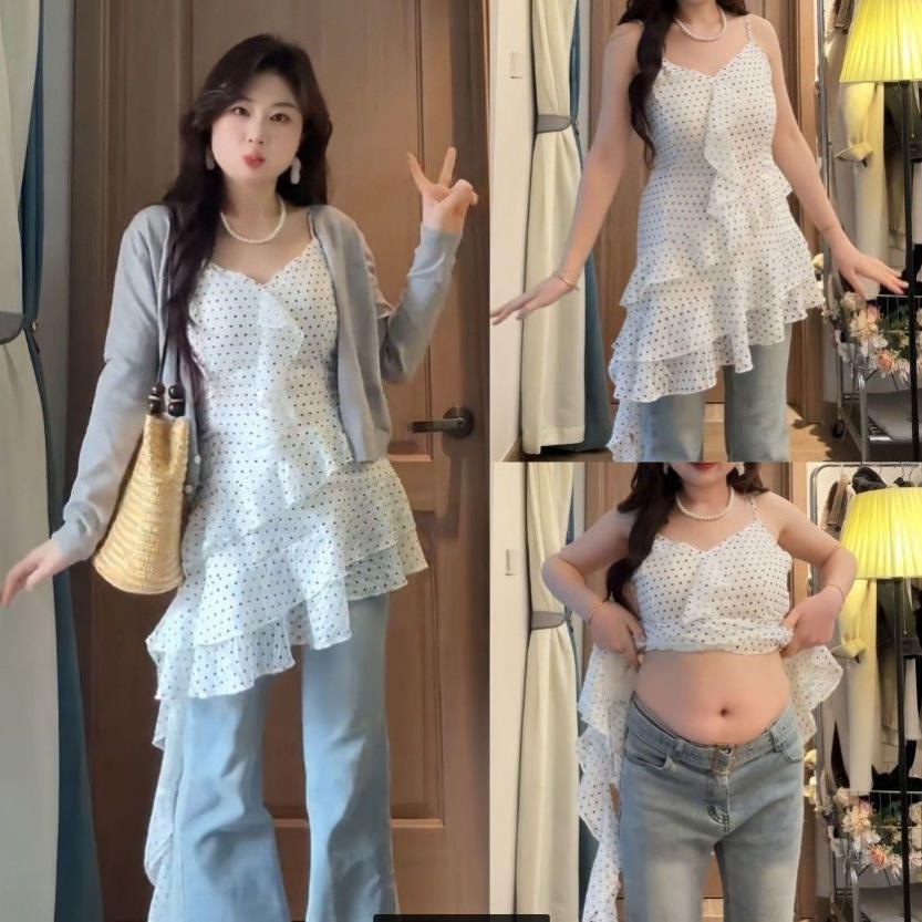大码MM微胖春夏新款百搭灰色显瘦外套+波点吊带裙两件套装女