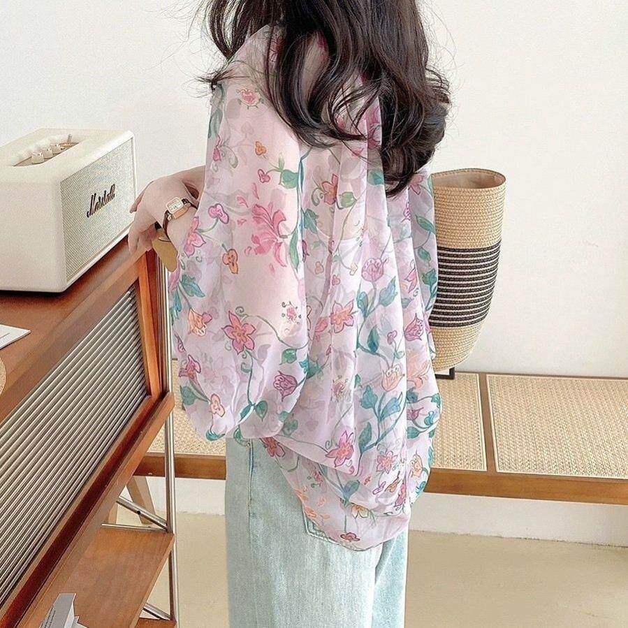 雪纺上衣女夏2025新款宽松时尚显瘦罩衫薄纱灯笼碎花长袖防晒外穿