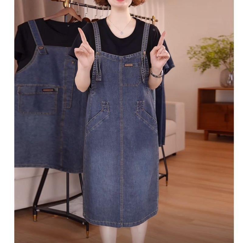 韩版时尚薄款拼接假两件牛仔背带裙女夏新大码显瘦过膝短袖连衣裙
