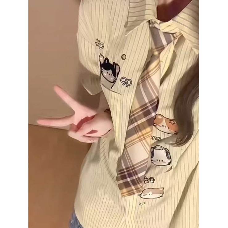 日系学院风卡通猫咪条纹POLO领短袖衬衫男女夏季宽松学生上衣ins