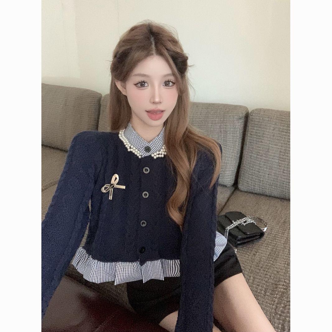 甜美蝴蝶结假两件撞色麻花毛衣女秋冬设计感立领钉珠短款上衣外套