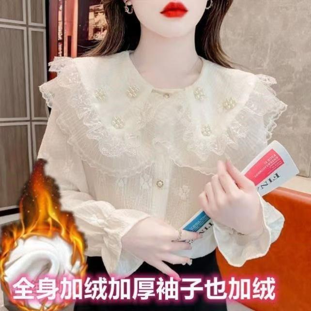 娃娃领雪纺珍珠蕾丝女设计感长袖衬衫洋气别致甜美上衣女