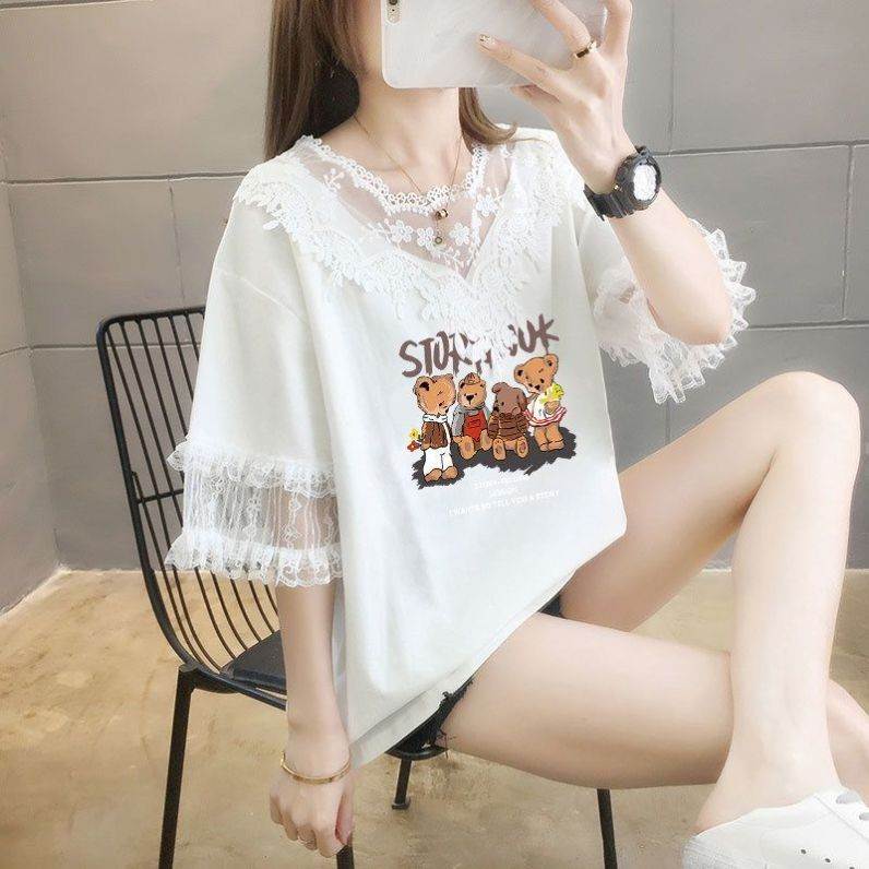 蕾丝花边短袖t恤女2026年新款夏装胖mm大码女装宽松V领花瓣袖上衣