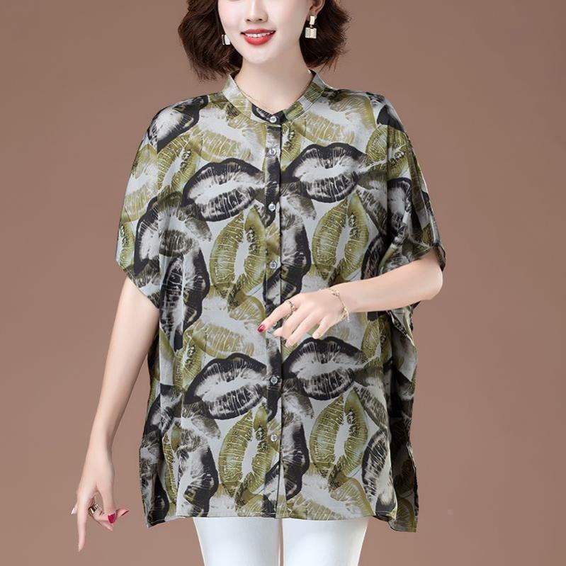 衬衫宽松夏季时尚蝙蝠袖上衣休闲妈妈显瘦衬衣洋气大码中年女短袖