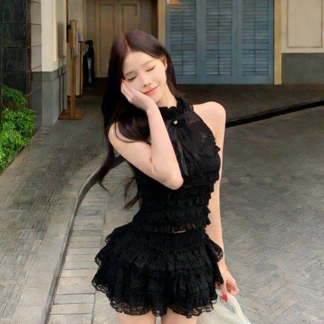 黑色蝴蝶结露肩无袖背心女夏季千金感套装气质蕾丝拼接半裙两件套