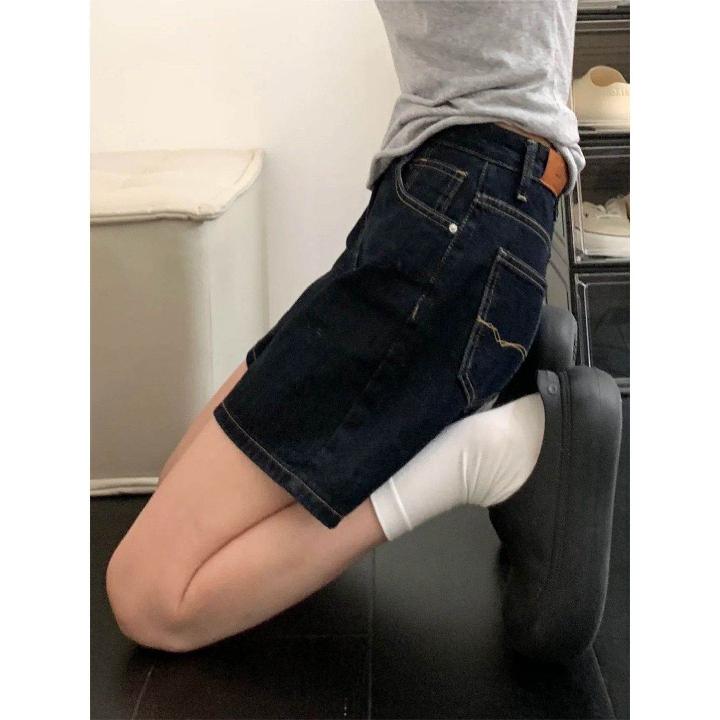 深蓝色牛仔短裤不漏屁股女夏季小个子五分中裤大码胖mm梨形报恩裤