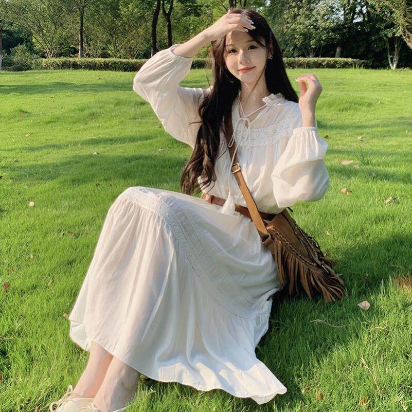 蕾丝镂空收腰娃娃公主裙 白色连衣裙女 设计感小众度假仙女裙