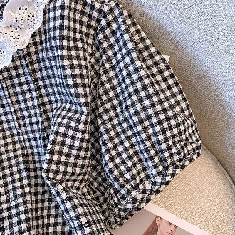 蕾丝花边娃娃领格子衬衫女2025夏季胖妹妹短袖洋气宽松泡泡袖上衣