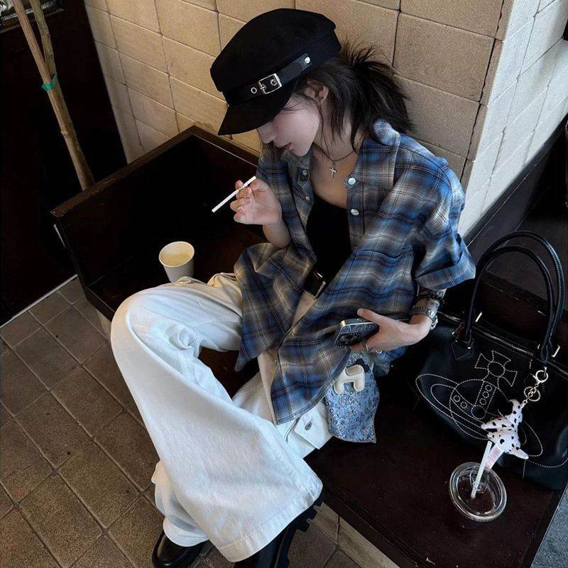 格子短袖衬衫女ins夏季韩版女装新款叠穿显瘦百搭衬衣女外搭上衣