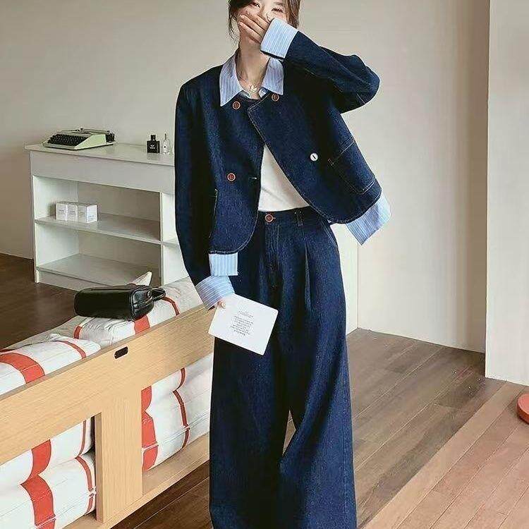 港风复古时尚牛仔套装女 2026春秋新款条纹拼接短外套 阔腿裤两件