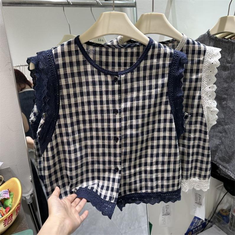 无袖格子衬衫女蕾丝拼接上衣2024夏季新款小众衬衣格纹背心衬衣潮
