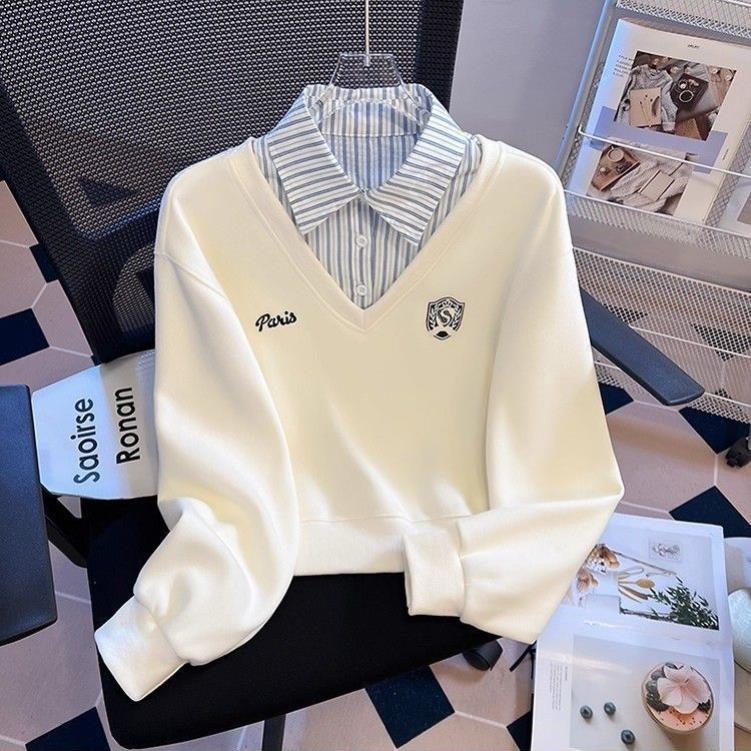 假两件拼接条纹polo领卫衣女春秋2026新款宽松无帽小个子上衣ins