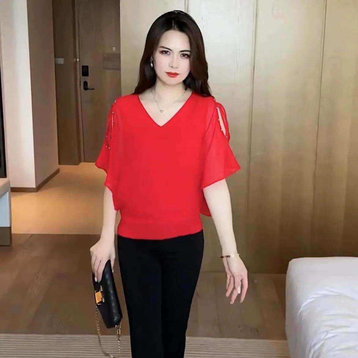 雪纺衫女短袖宽松显瘦洋气很仙的上衣V领露肩遮肚子小衫百搭衬衫