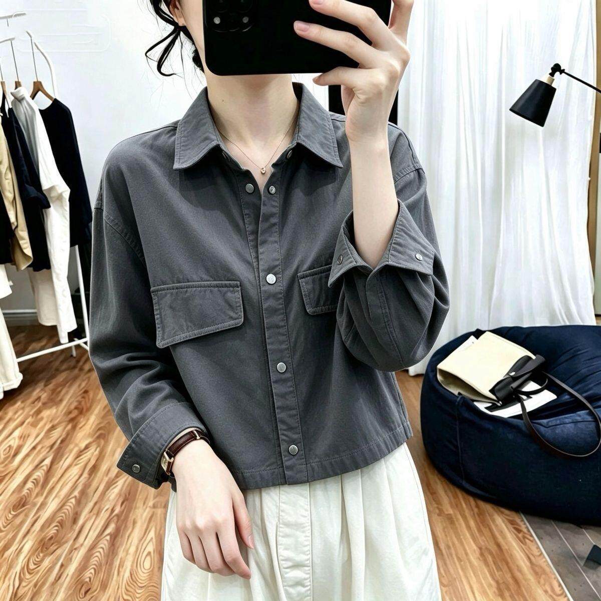 秋冬新款韩版翻领小个子工装薄款外套女 宽松短款百搭夹克 外搭上