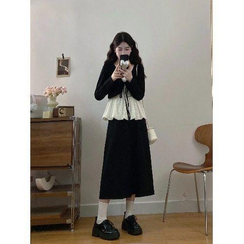 大码独特绝美漂亮小套装春秋女装假两件蕾丝上衣胖MM半身裙两件套