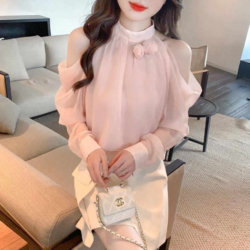 雪纺衬衫春装女2026年新款爆款别致小衫早春气质露肩设计感上衣女