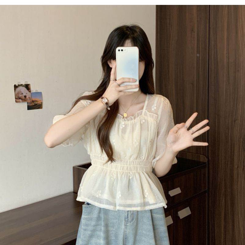 法式方领雪纺衫女夏季薄款大码显瘦收腰漂亮小衫温柔仙女风上衣女