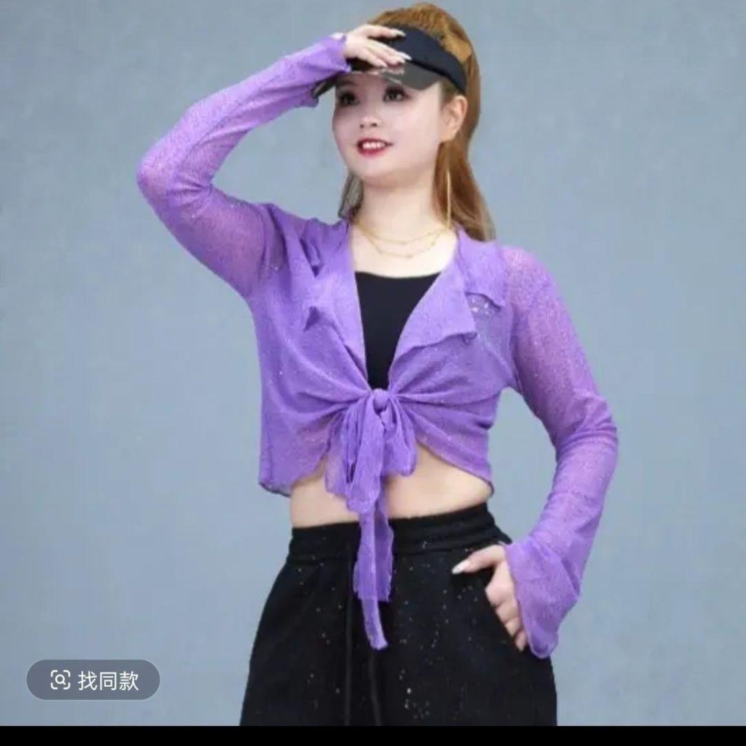 时尚潮流夏季新款洒银闪钻网纱长袖洋气腰搭防晒修身薄款跳舞上衣
