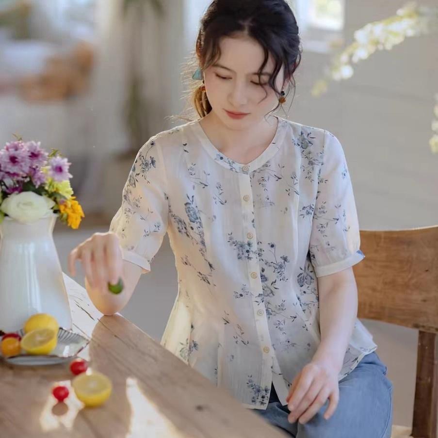 夏季设计印花衬衫中式碎花棉麻2026新款短袖气质显瘦优雅上衣