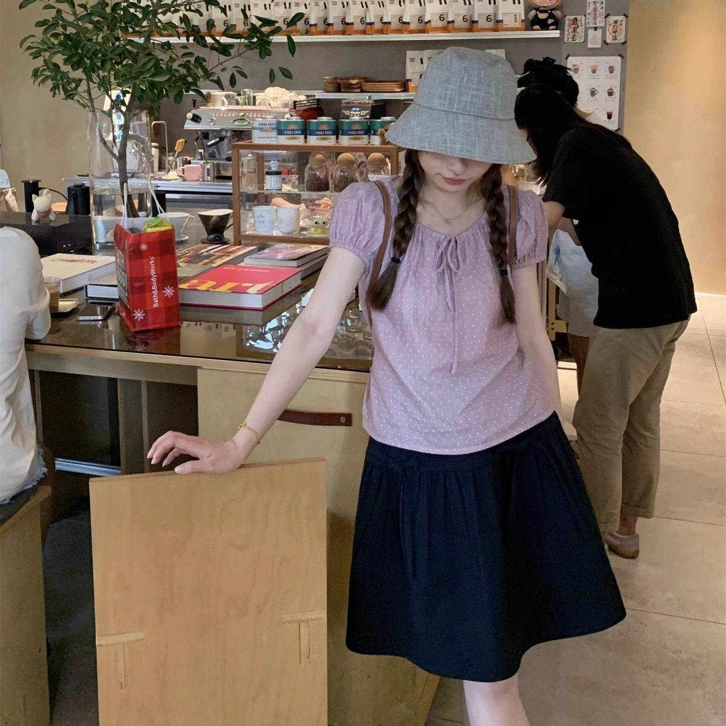 紫色精灵 芋圆小丸子圆领系带紫色波点收腰绑带短袖甜美可爱上衣