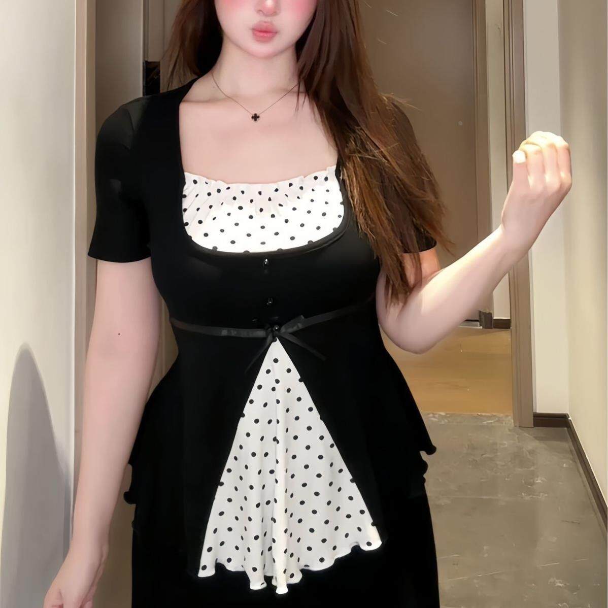 大码胖MM假两件波点拼接短袖T恤女夏季设计感撞色收腰显瘦上衣