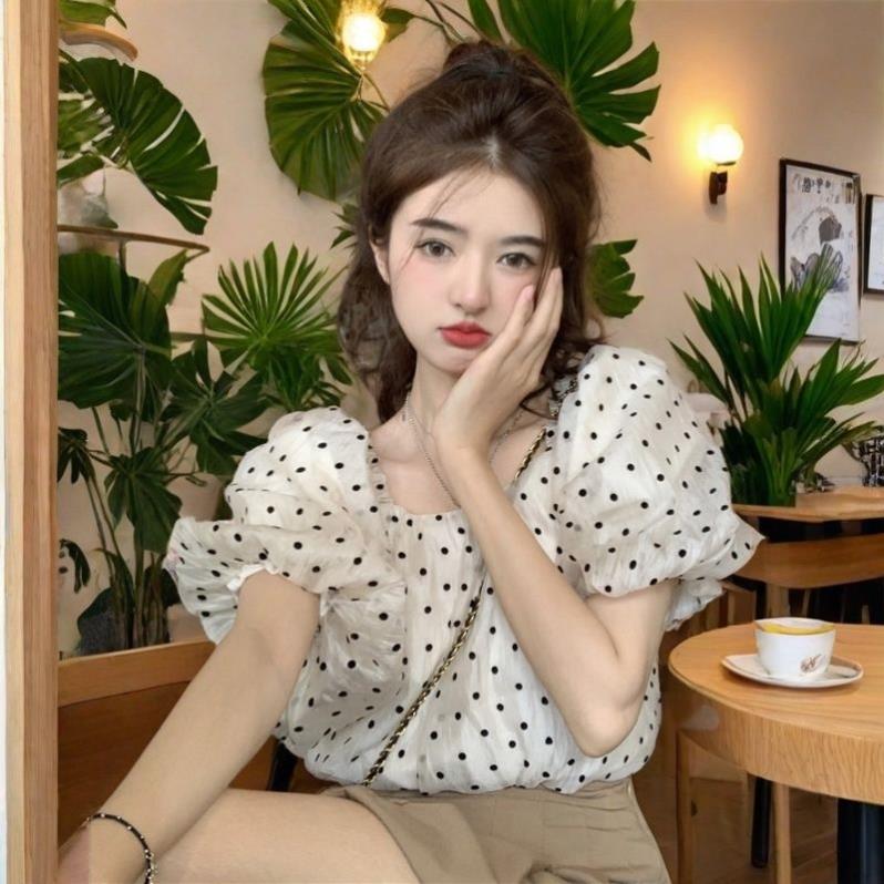 2025夏季波点甜美遮肚子雪纺衬衫上衣甜美气质方领泡泡袖别致小衫