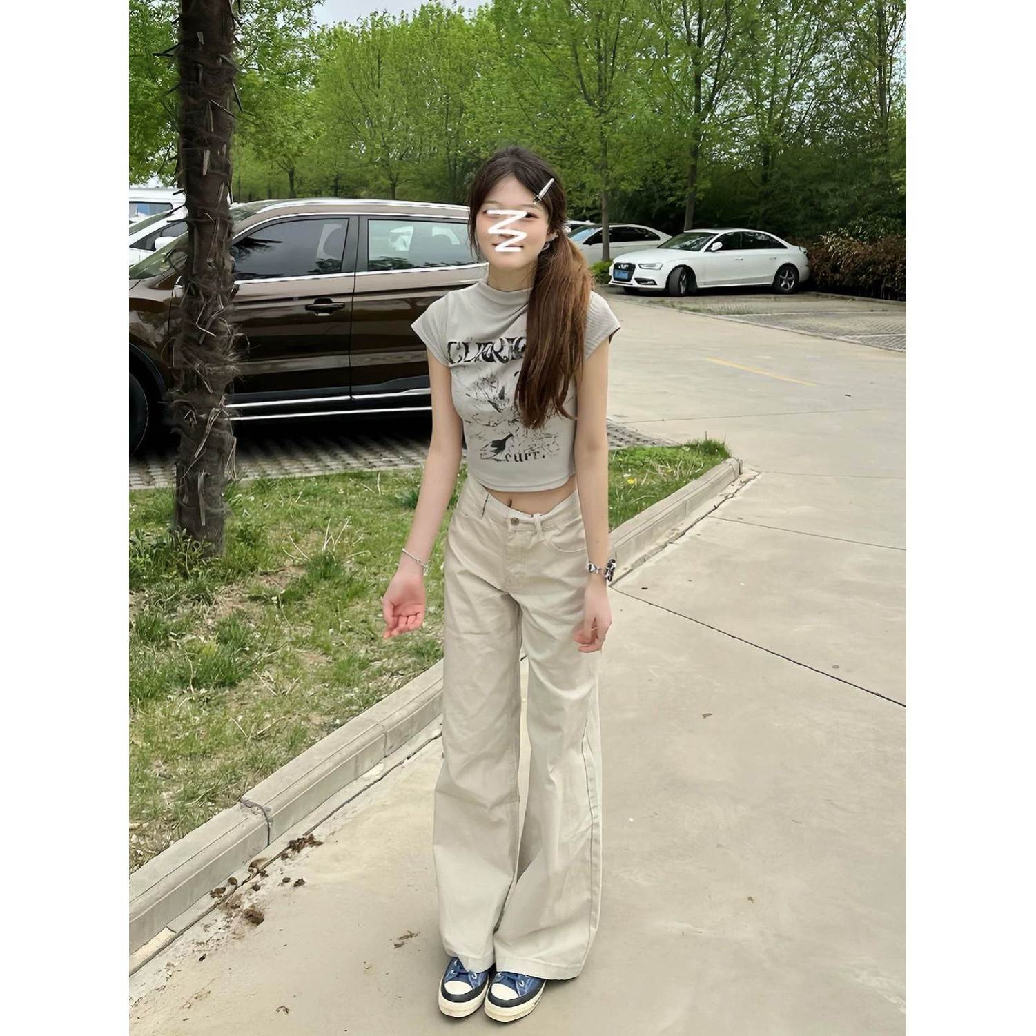 145小个子杏色裤子女款夏薄款低腰牛仔裤宽松bf慵懒风直筒阔腿裤