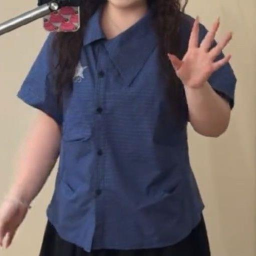 胖mm大码两件套盐系蓝色收腰衬衫+黑色抽绳半身裙减龄百搭套装女