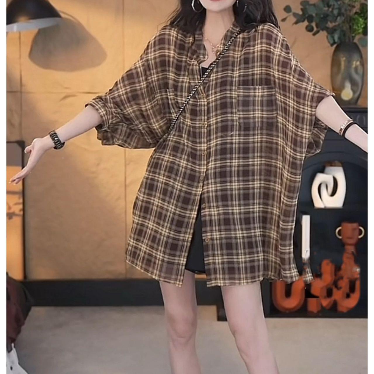 夏季休闲开衫宽松格子衬衫2026新款七分袖防晒外套遮胯显瘦开衫女