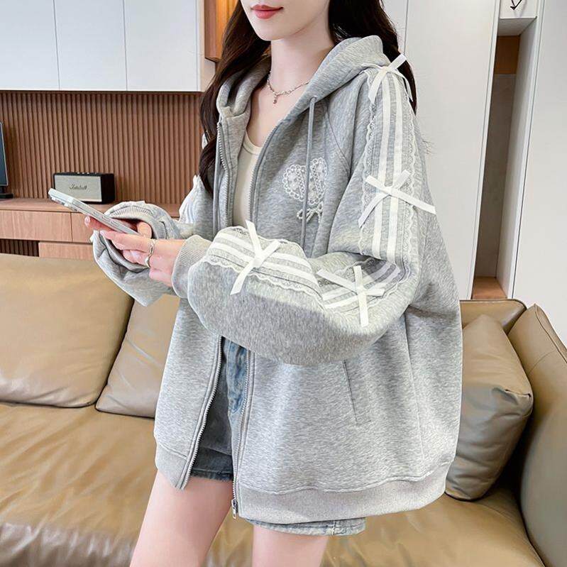 蝴蝶结设计感外套 女宽松大童春秋季新款 学院风连帽条纹上衣