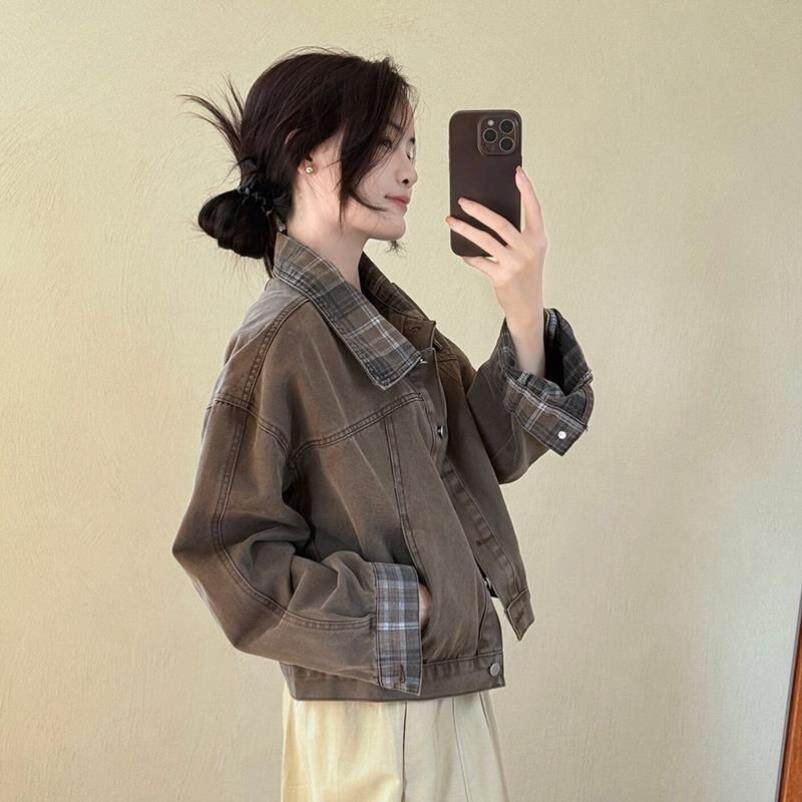休闲格纹拼接短外套女2026春秋季新款韩版百搭宽松翻领牛仔外套潮