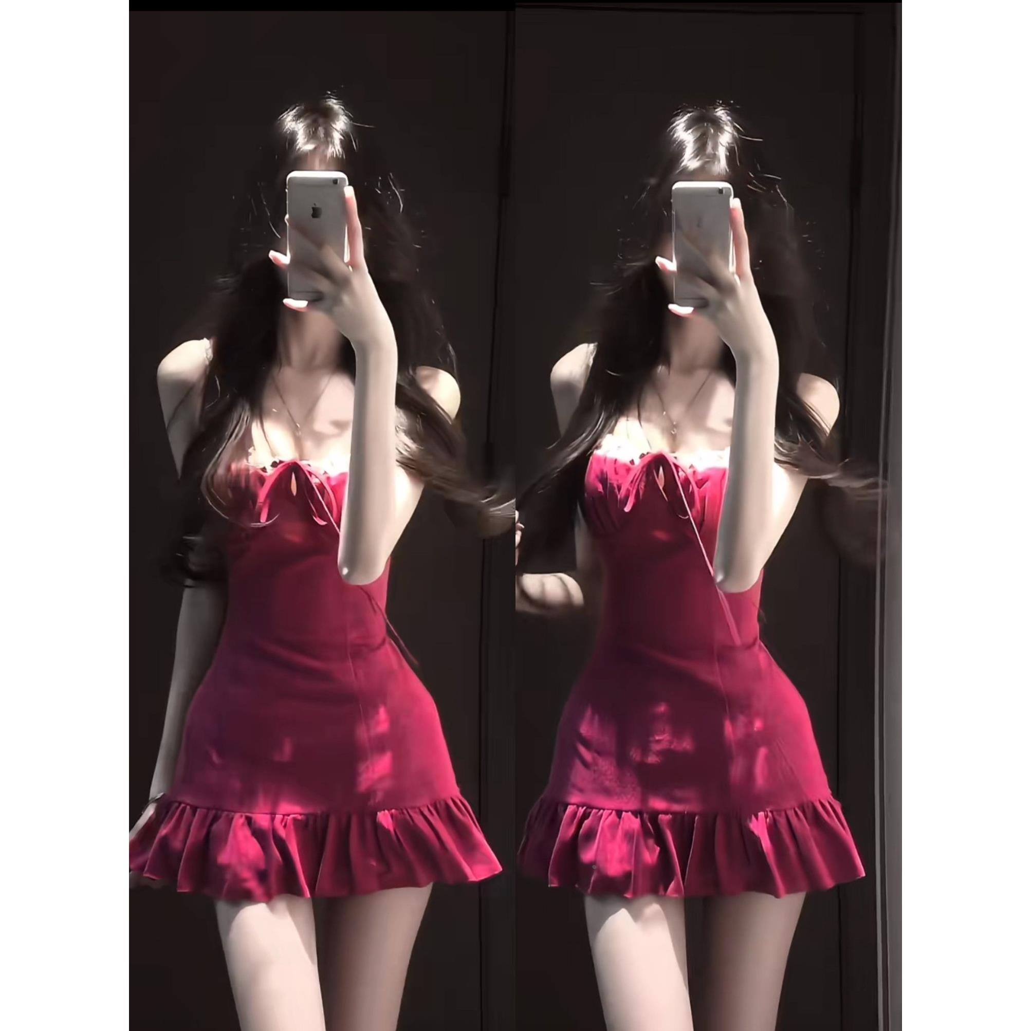夏季玫红色显白花边刺绣吊带连衣裙女显瘦a字荷叶边短裙女夏季