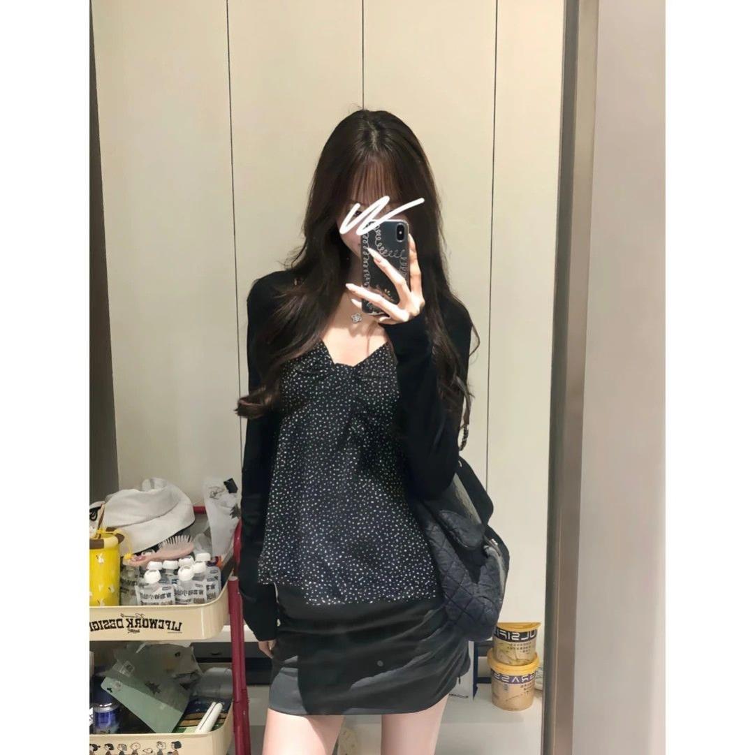 大码法式波点背心吊带上衣女夏胖薄款显瘦遮肉外搭开衫两件套装