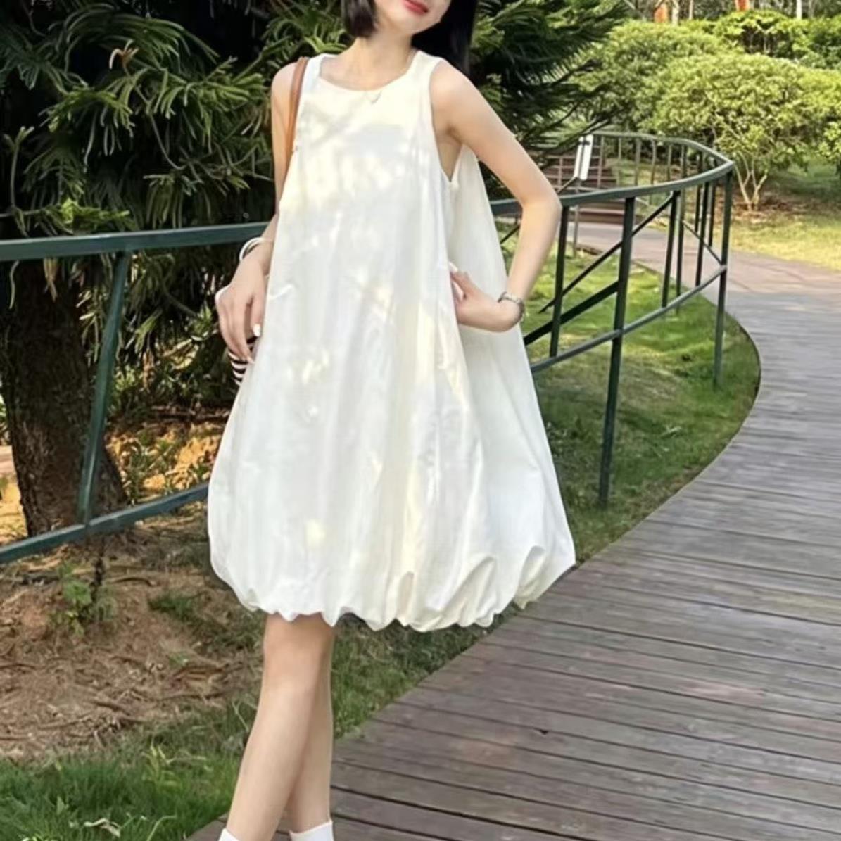 法式简约小众白色无袖花苞连衣裙女气质宽松显瘦洋气甜美蓬蓬裙子