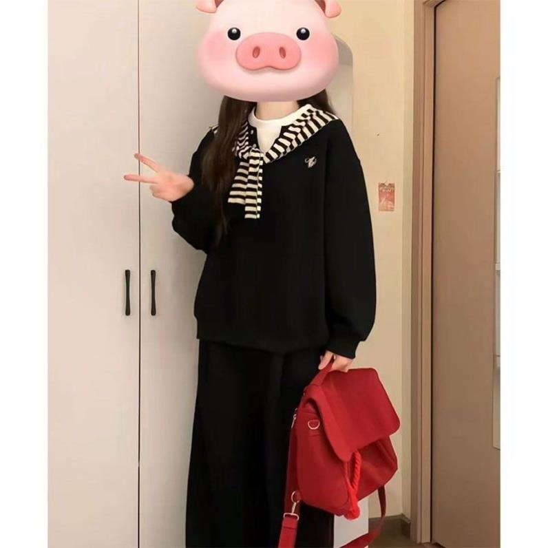 假两件字母刺绣条纹长袖卫衣女2025早秋新款绑带条纹拼接撞色披肩