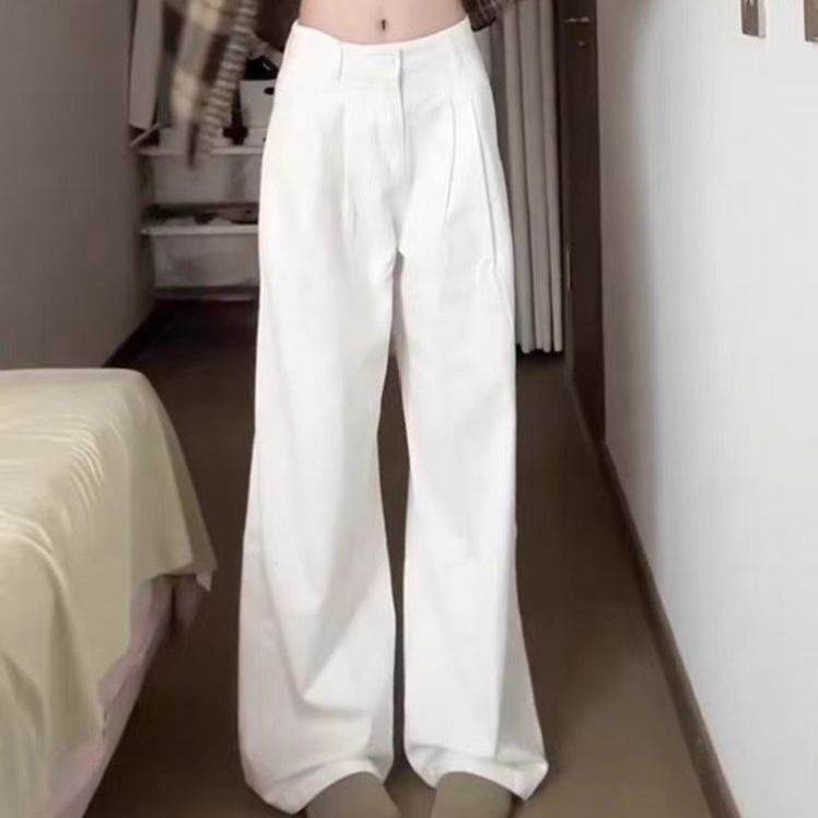 日系白色褶皱阔腿牛仔裤女夏季高腰宽松显瘦潮流百搭拖地裤高个子