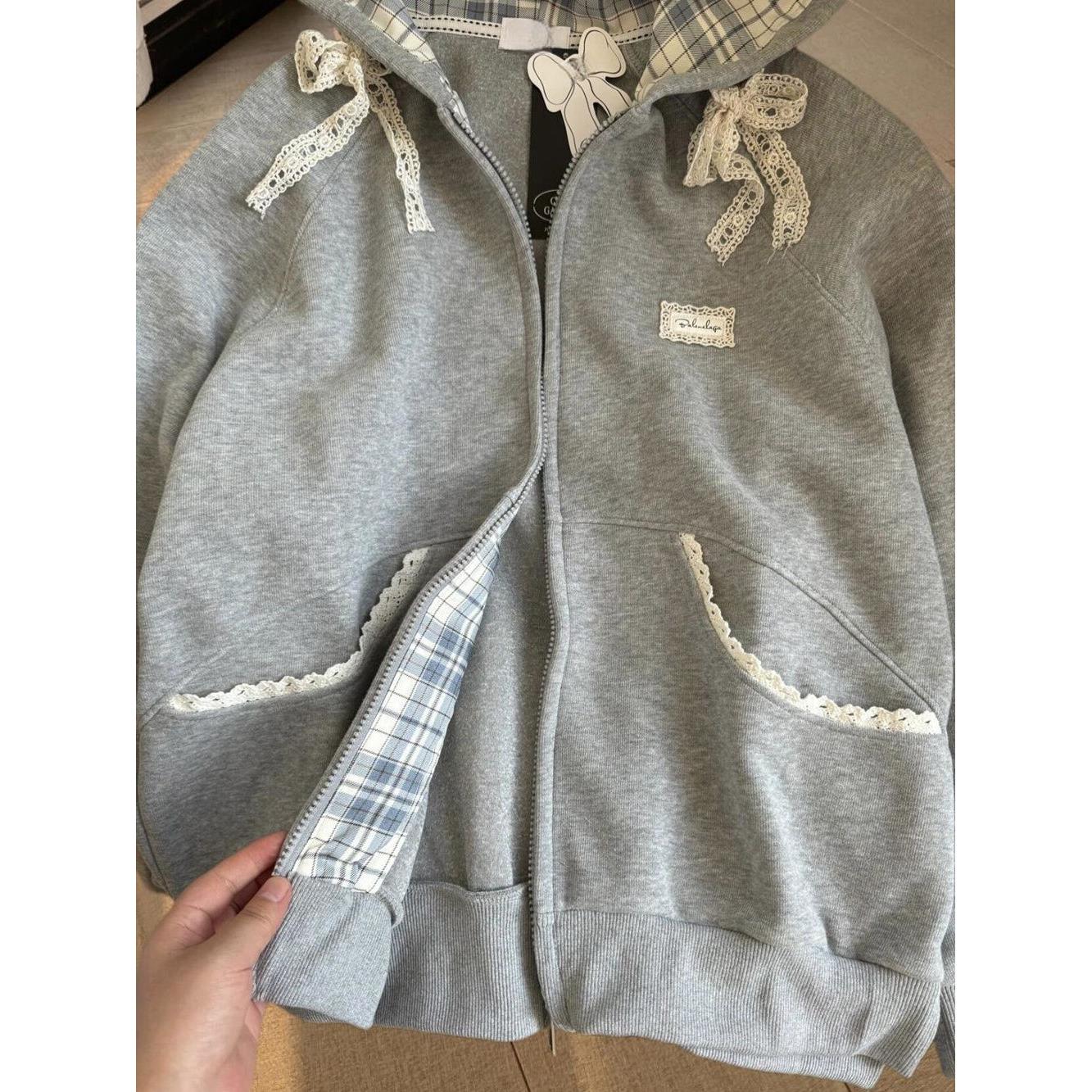 品质太赞了~棉蕾丝蝴蝶结卫衣女初秋oversize格子拼接连帽外套