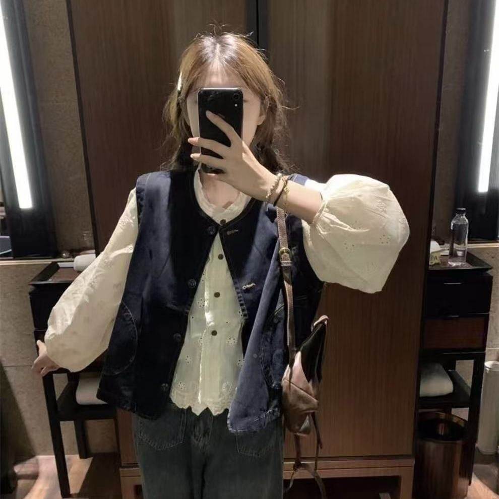 新款穿搭甜美慵懒风镂空长袖衬衫薄款清新叠穿复古牛仔马甲两件套