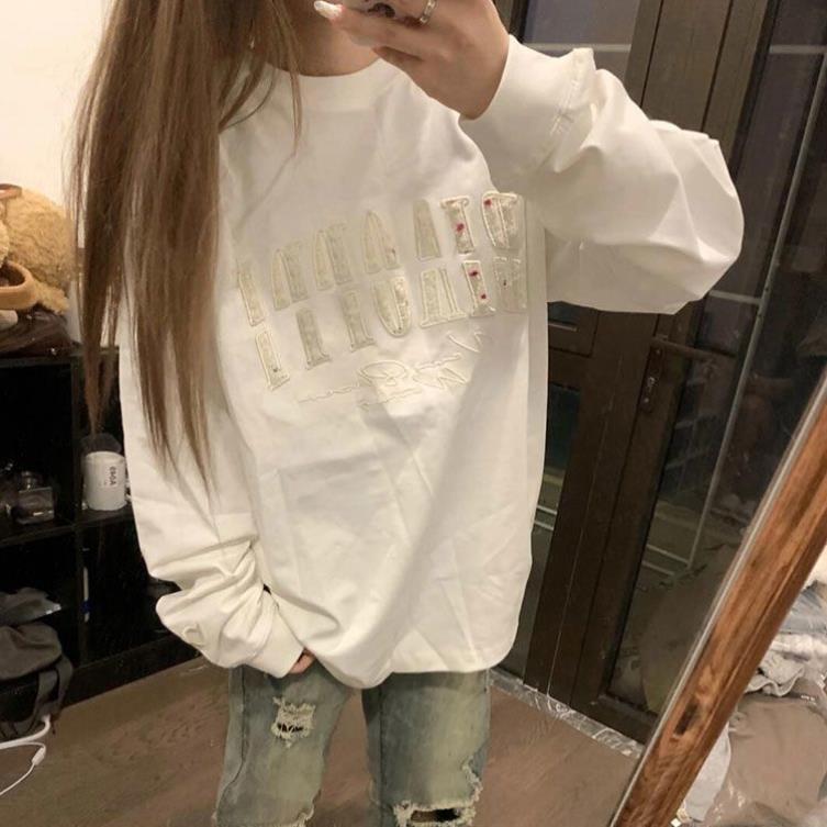 穿这件!!美式圆领长袖T恤女INS薄款宽松上衣小众百搭