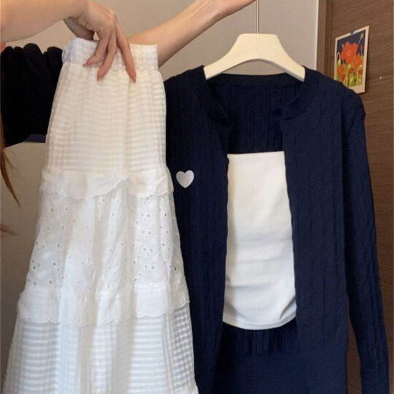 三件套夏日森女韩系温柔修身针织外套开衫吊带背心蛋糕裙半身裙女