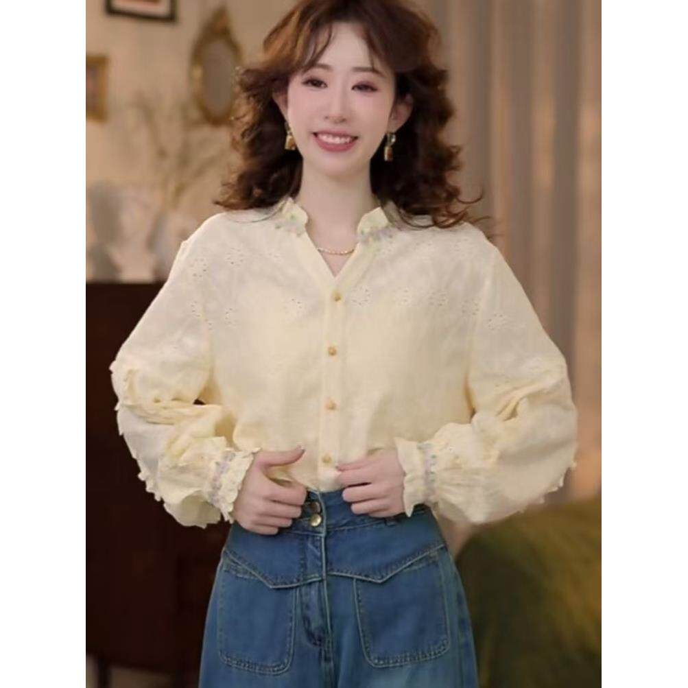 港风复古木耳边花朵内搭衬衫 女春季新款高级独特开衫上衣