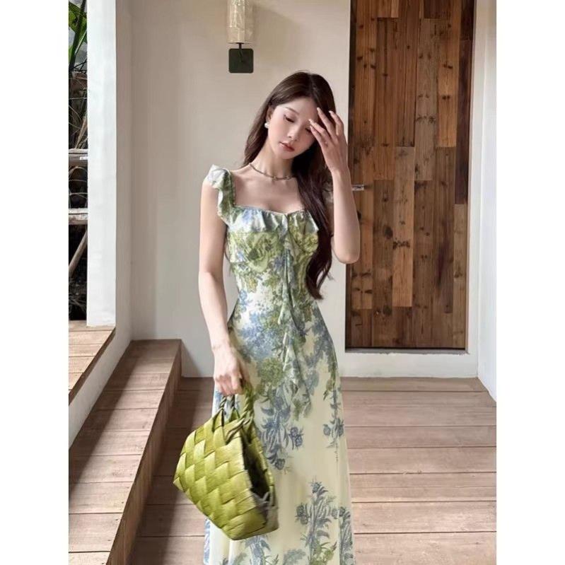 国风绝美吊带长裙海边度假印花绿色连衣裙海岛裙苏杭拍照超仙裙子