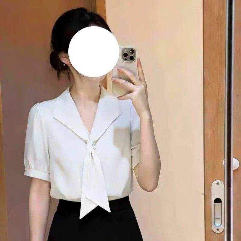 蓝色雪纺衬衫女夏季通勤职场面试正装教资泡泡袖v领系带垂感衬衣