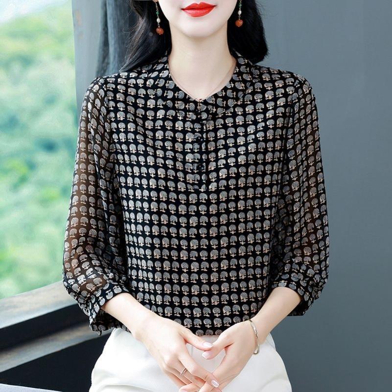 轻奢桑蚕丝衬衫上衣女夏季新款宽松洋气妈妈遮肉显瘦丝气质小衫